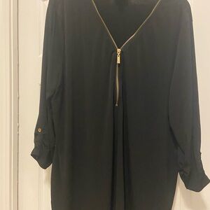 Black V-Neck Zip-Front Blouse with Gold Detail